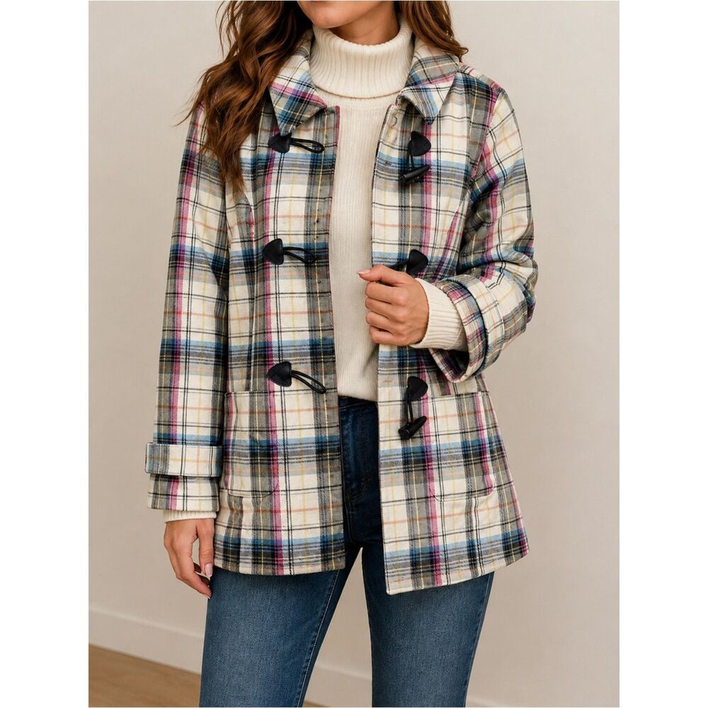 Christopher & Banks Preppy Pink Black Plaid Duffel Peacoat Women’s Size Medium